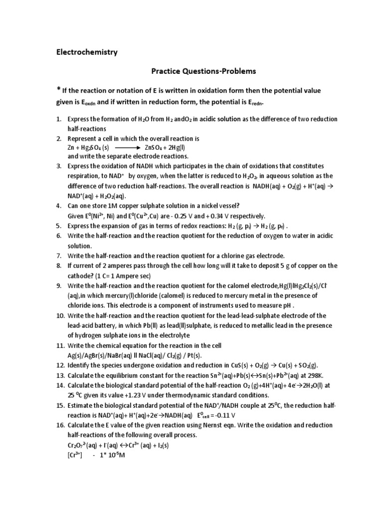 Electrochemistry Practice Questions Half Reactions, Standard