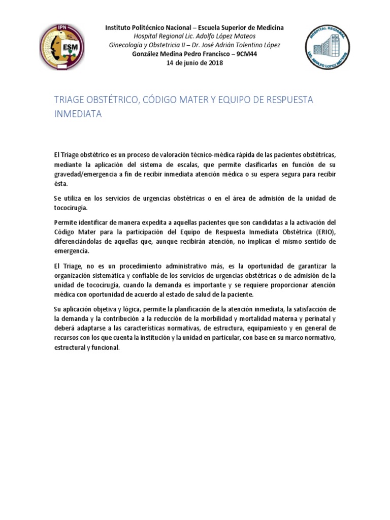 Monografía Triage Obstétrico, Código Mater y Equipos de