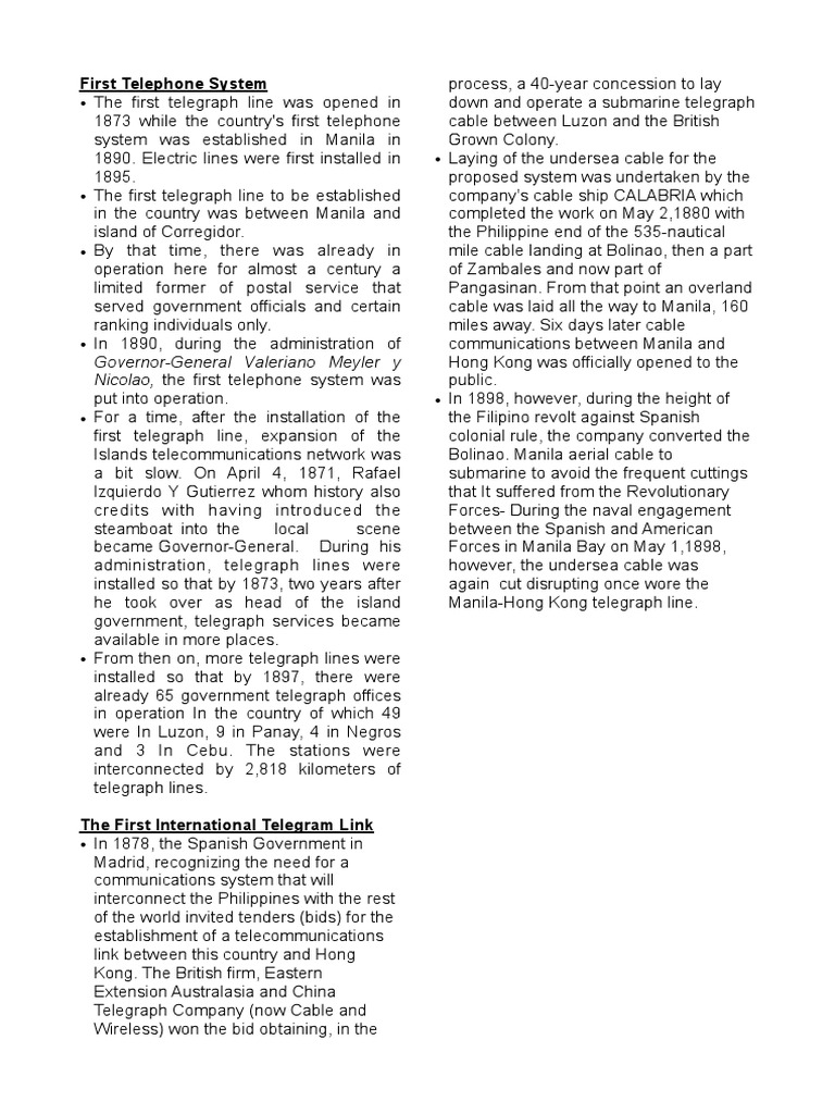 Brief History of The Telephone System PDF Telegraphy Philippines