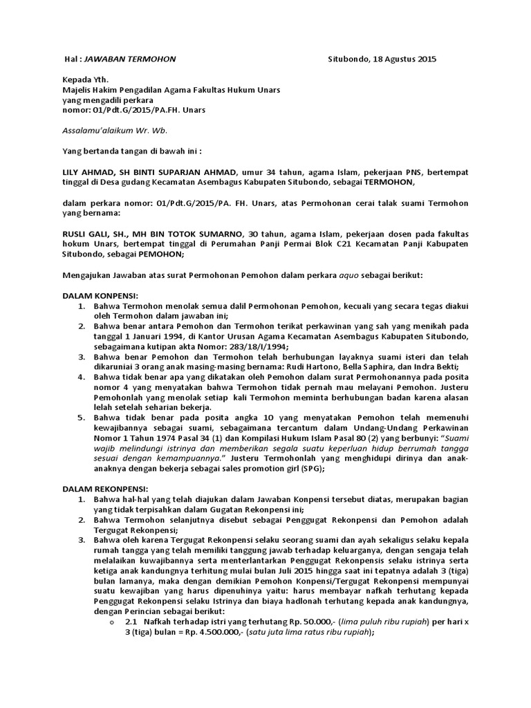 Contoh Surat Jawaban Rekonpensi Contohpedi C0m