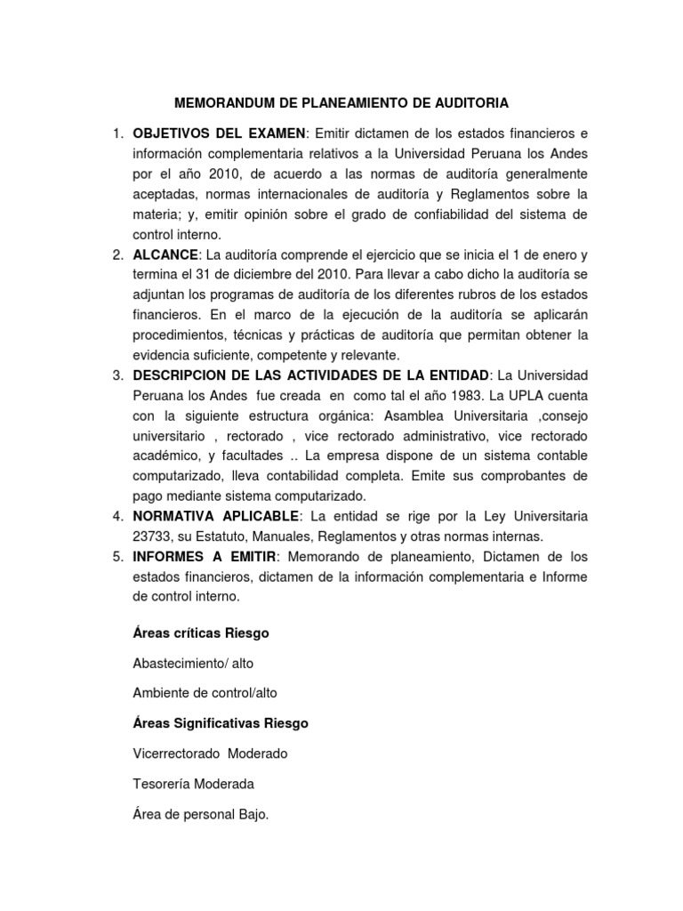 Memorandum de Auditoria Auditoría Contabilidad