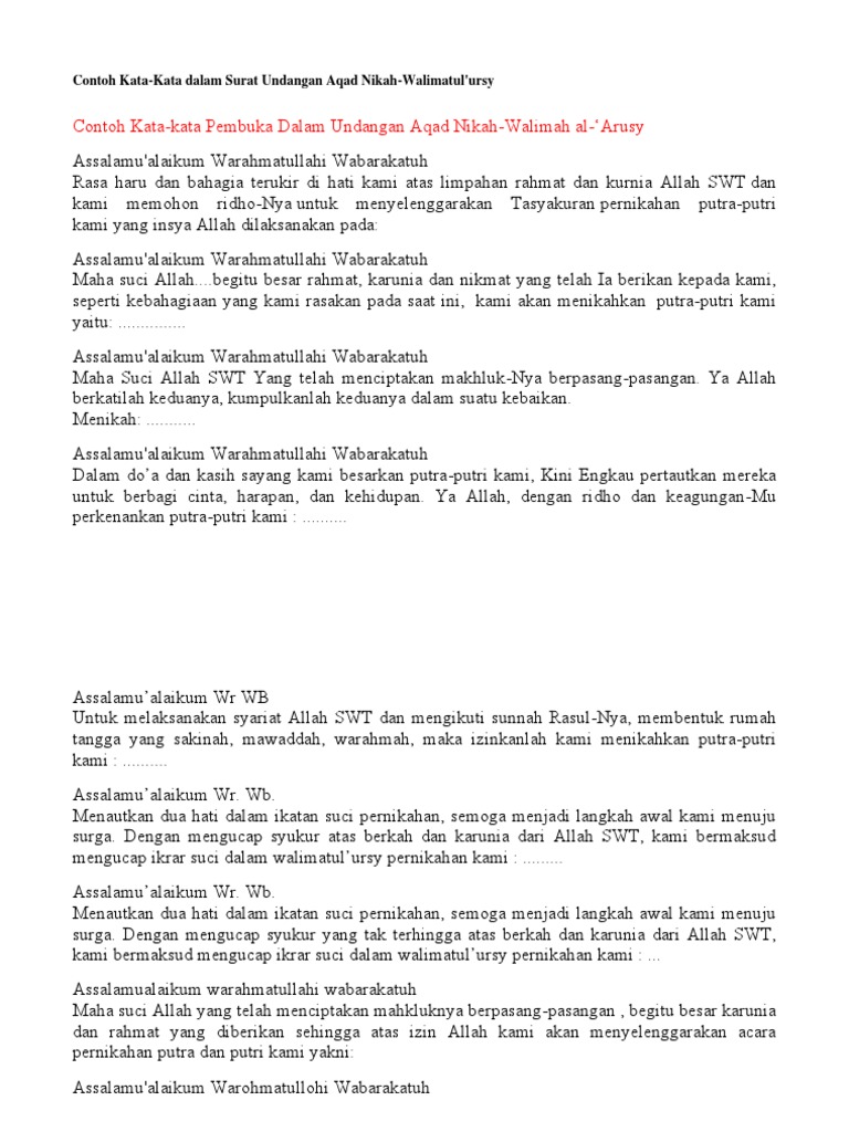 Contoh Kata Undangan Walimatul Ursy