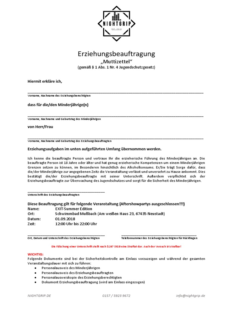 Erziehungsbeauftragung Muttizettel | PDF