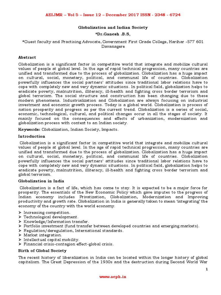Impact of Globalization on Indian Society | PDF | Economics | Society