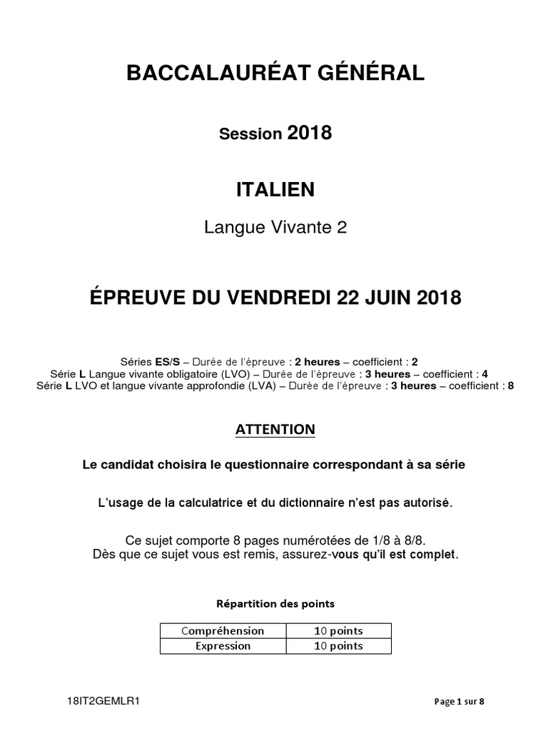 Bac Général LV2 Italien Sujet | PDF