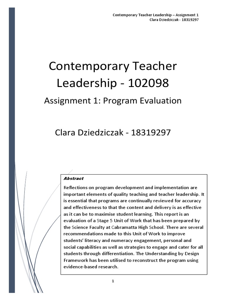 Contemporary Teacher Leadership - Assessment 1 - Clara Dziedziczak ...