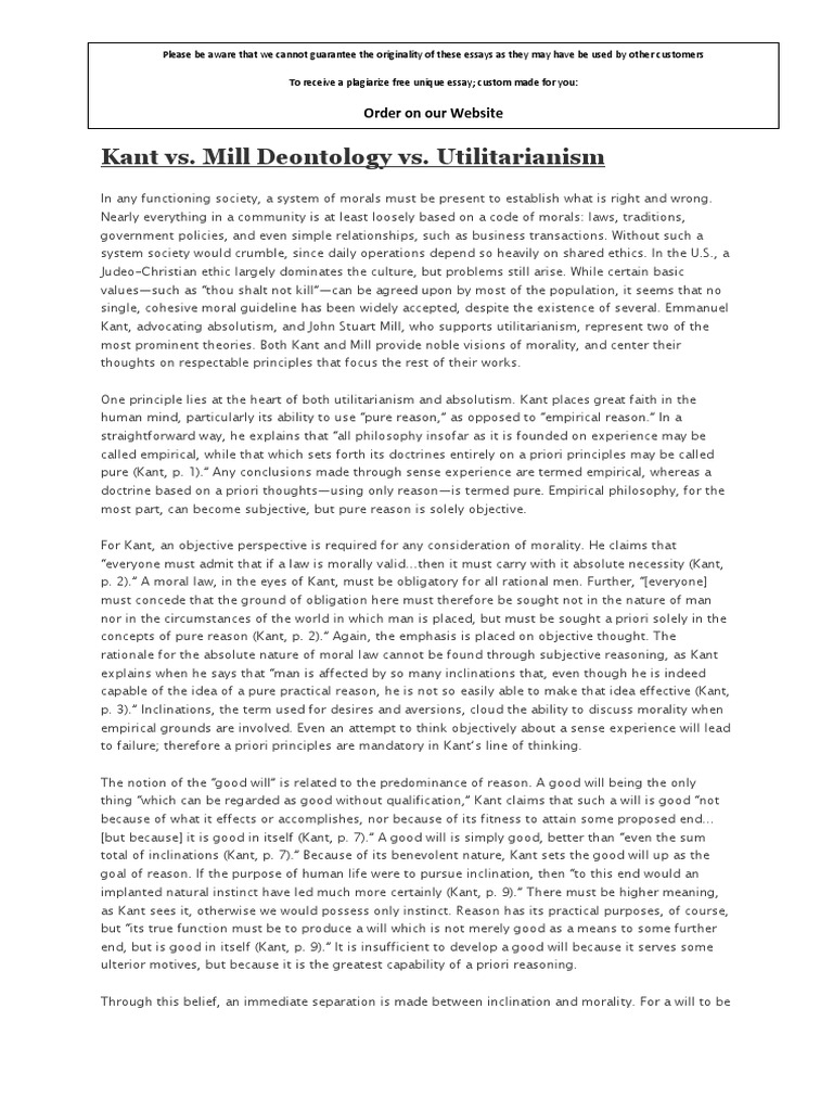 Kant Vs Mill Deontology PDF John Stuart Mill Immanuel Kant
