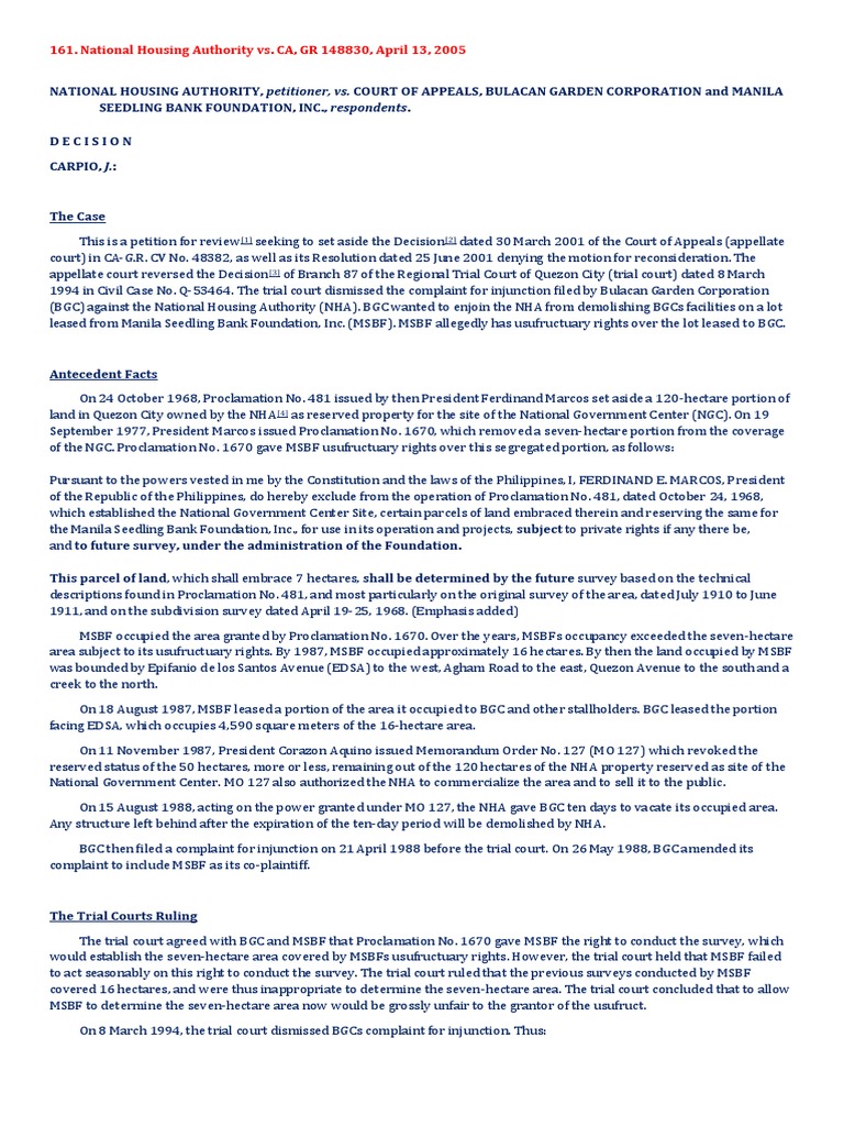 National Housing Authority vs. CA, GR 148830, April 13, 2005 PDF Complaint Injunction