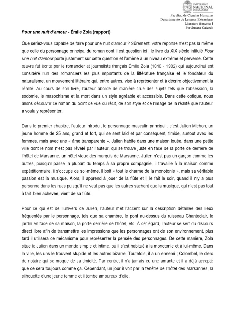 Critique Pour Une Nuit D Amour Pdf Emile Zola Romans