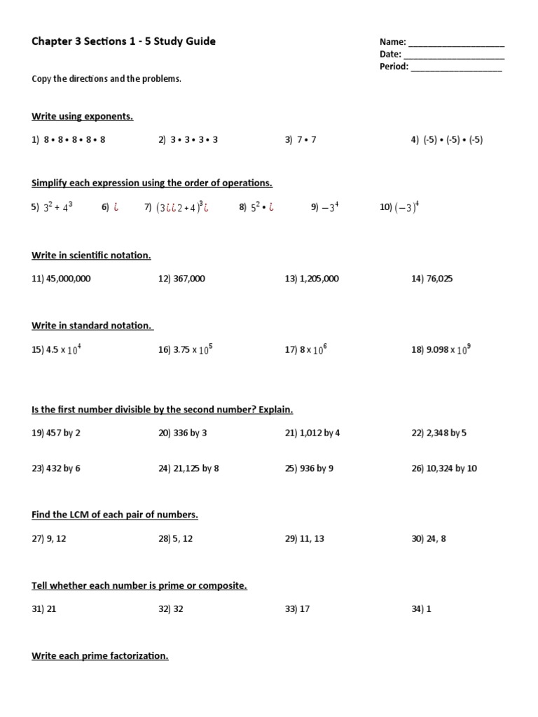 Chapter 3 Math Study Guide | PDF | Numbers | Arithmetic
