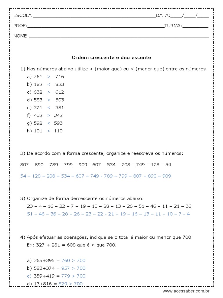 Atividades de Ordem Crescente e Decrescente | PDF