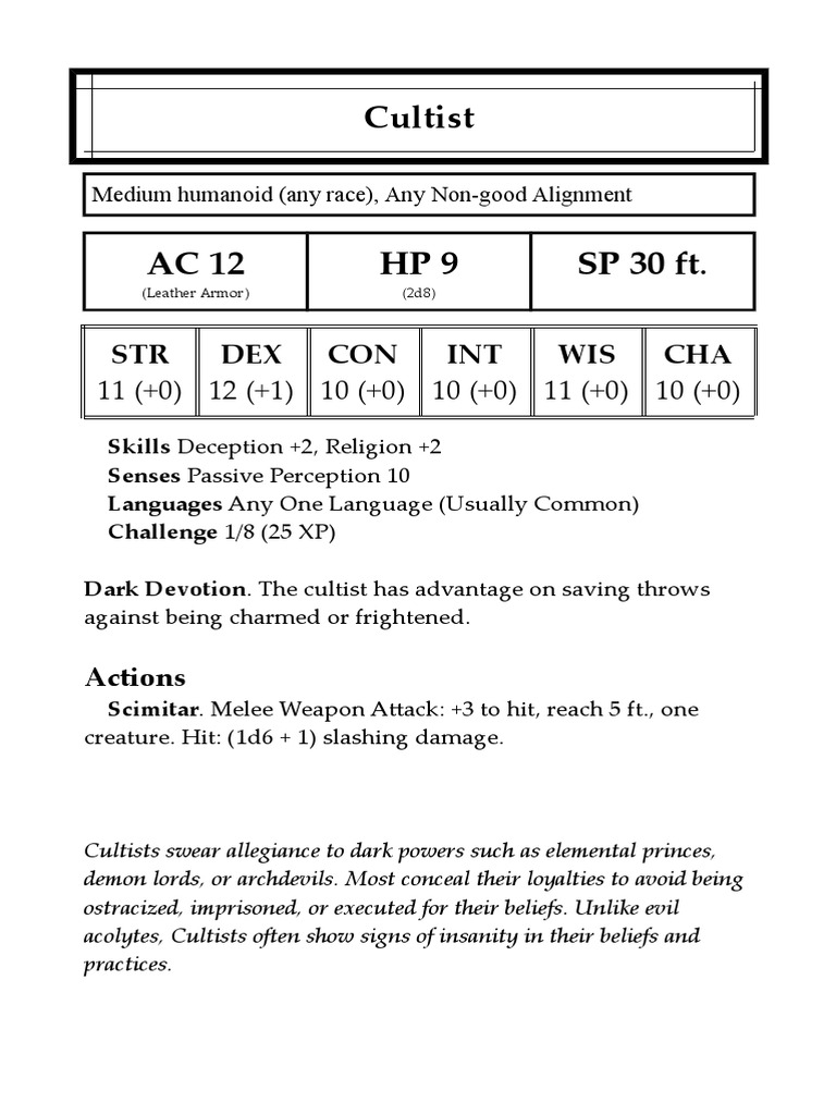 Cultist: STR DEX CON INT WIS CHA | PDF