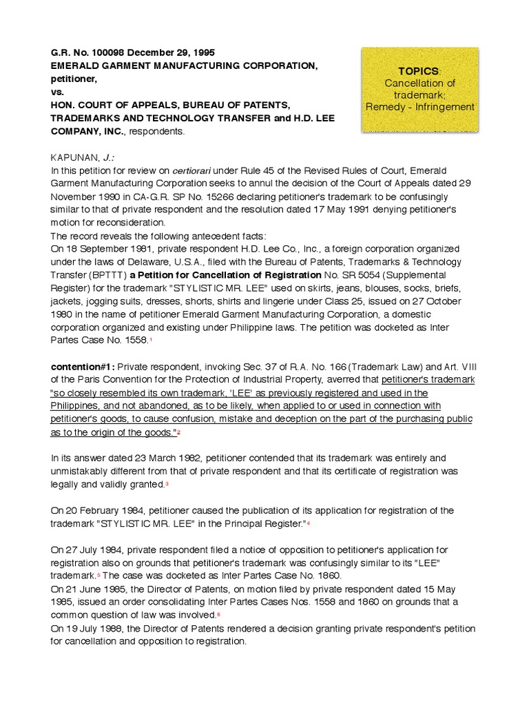 Cancellation of Trademark Remedy Infringement Topics PDF Laches