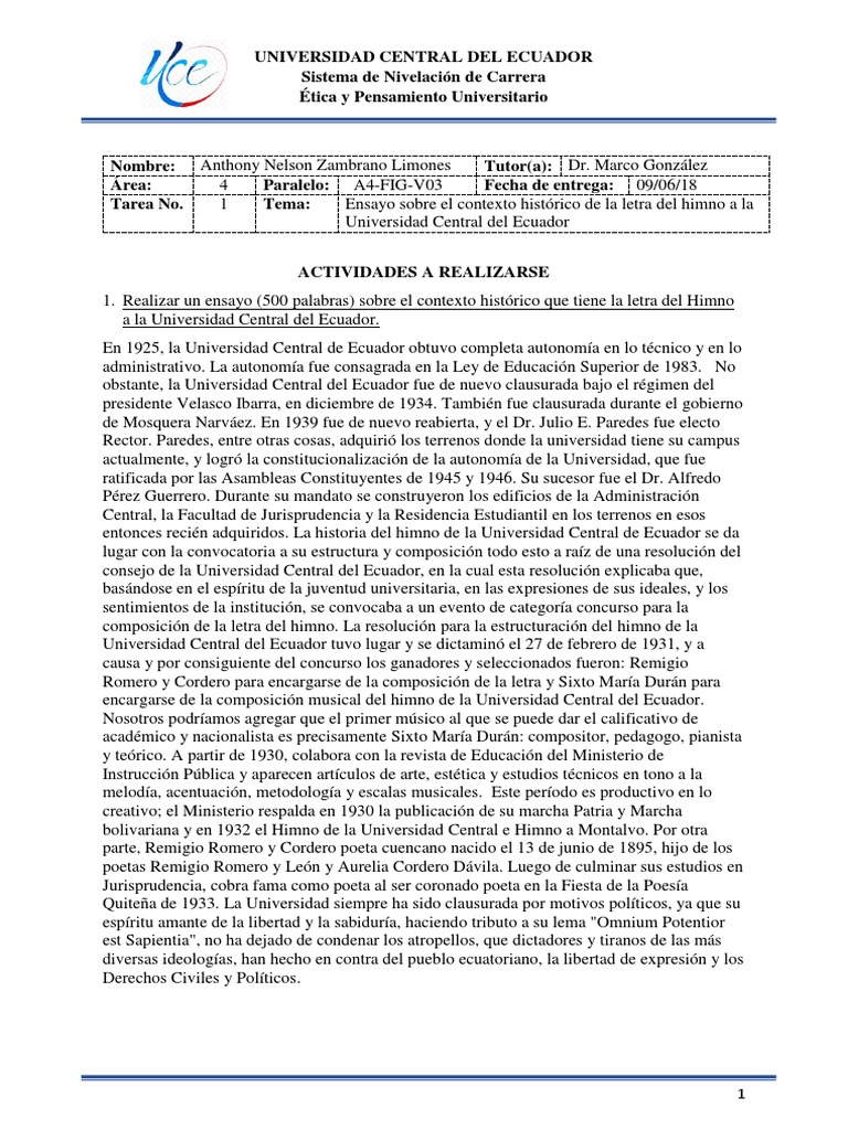 Contexto del Himno UCE: Historia y Composición | PDF | Educación avanzada
