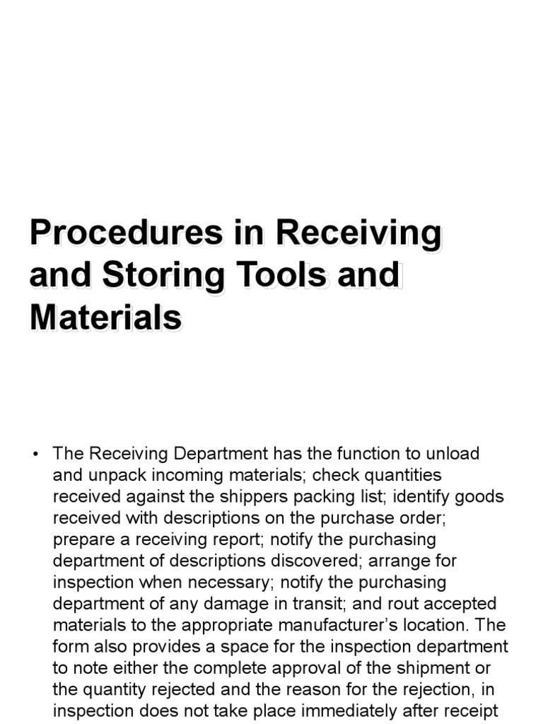 Procedures in Receiving and Storing Tools and Materials Receipt Inventory