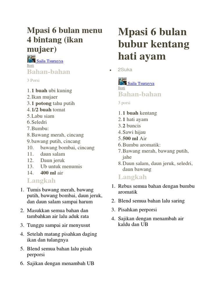 Menu MPASI 6 Bulan 4 Bintang | PDF