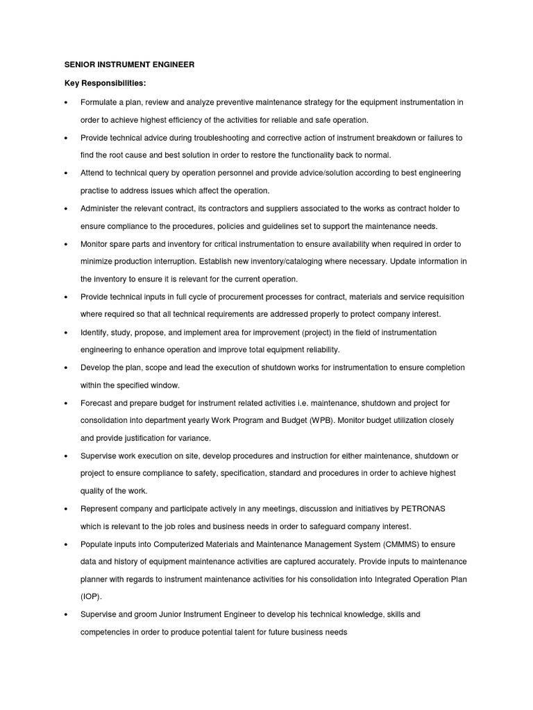 Senior Instrument Engineer Key Responsibilities PDF Engineering