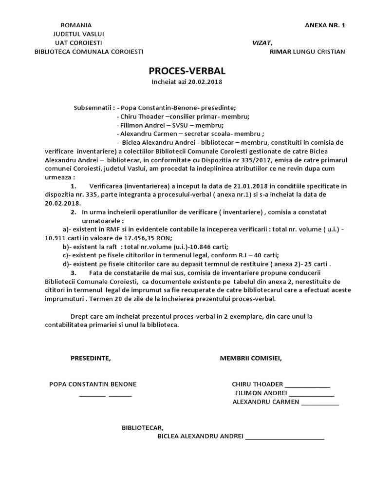 Proces Verbal Inventariere