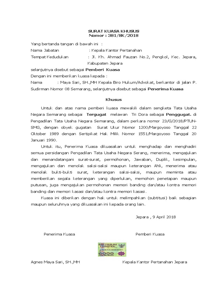 Contoh Surat Kuasa Advokat Simak Gambar Berikut