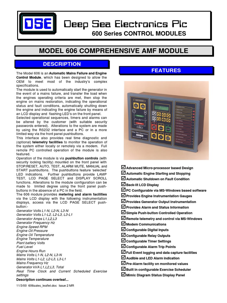 Deep Sea Electronics PLC: Model 606 Comprehensive Amf Module | PDF ...