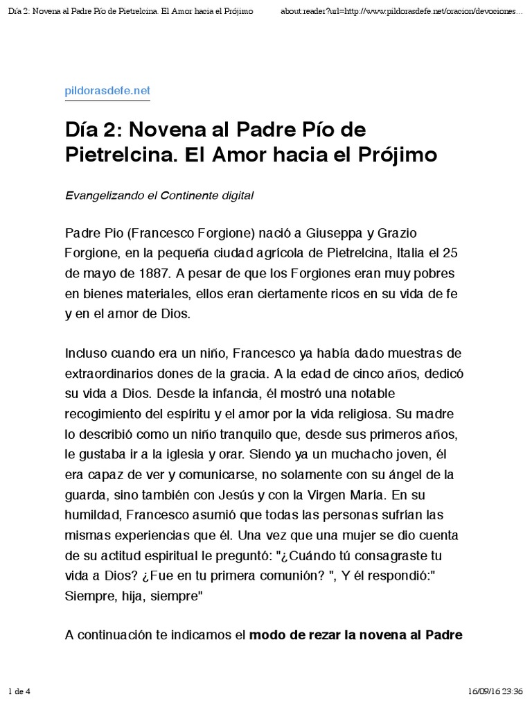 Día 2 - Novena Al Padre Pío de Pietrelcina. El Amor Hacia El Prójimo | PDF  | Amor | Oración