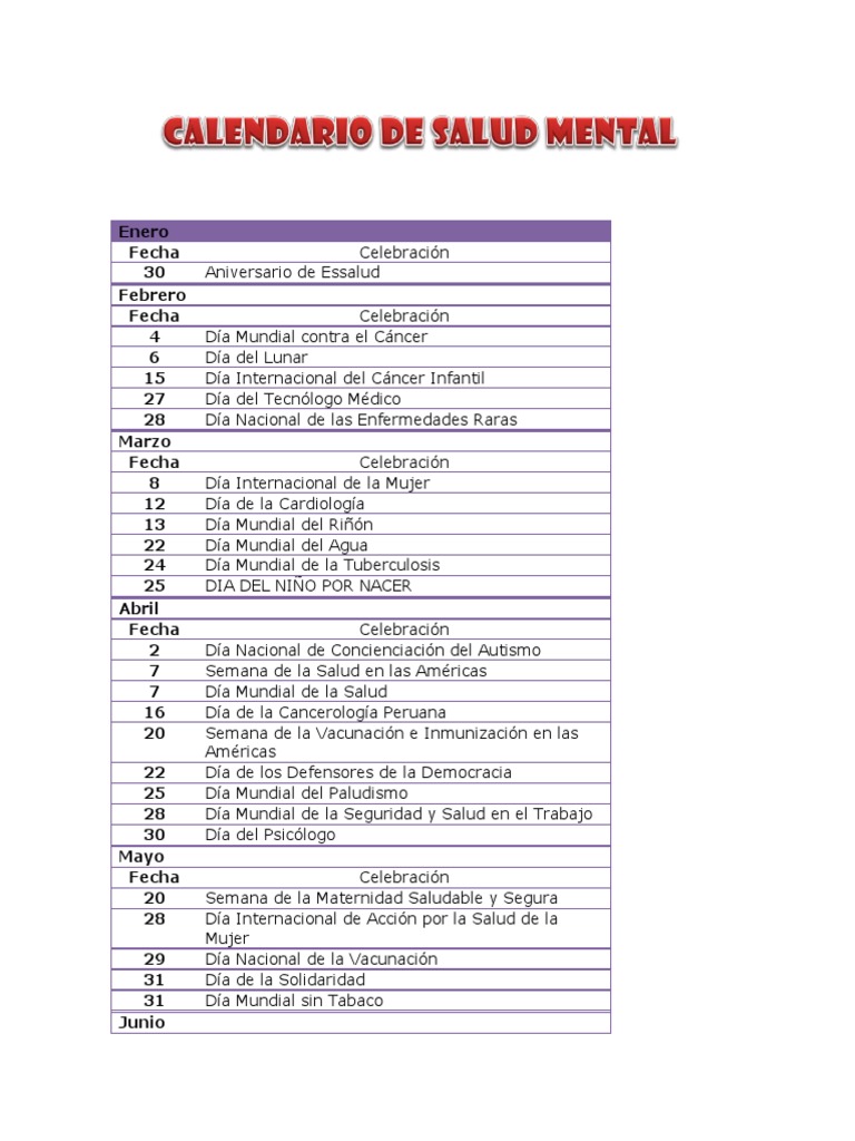 Calendario anual de fechas de celebración y conmemoración relacionadas