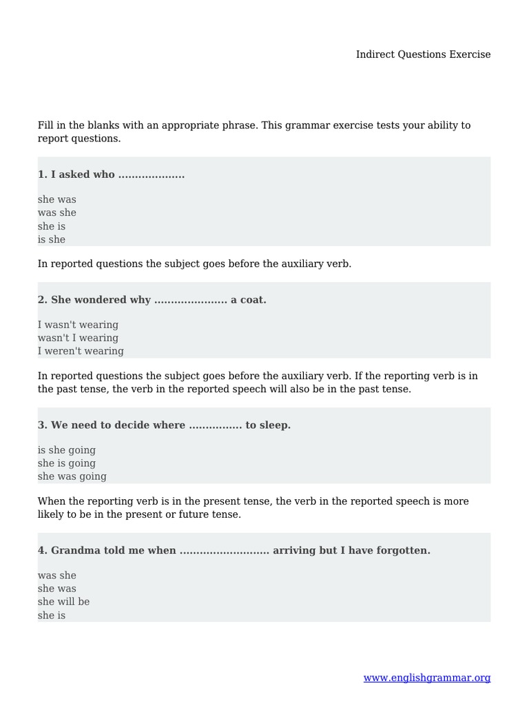 Indirect Questions Grammar Quiz | PDF | Verb | Linguistic Typology