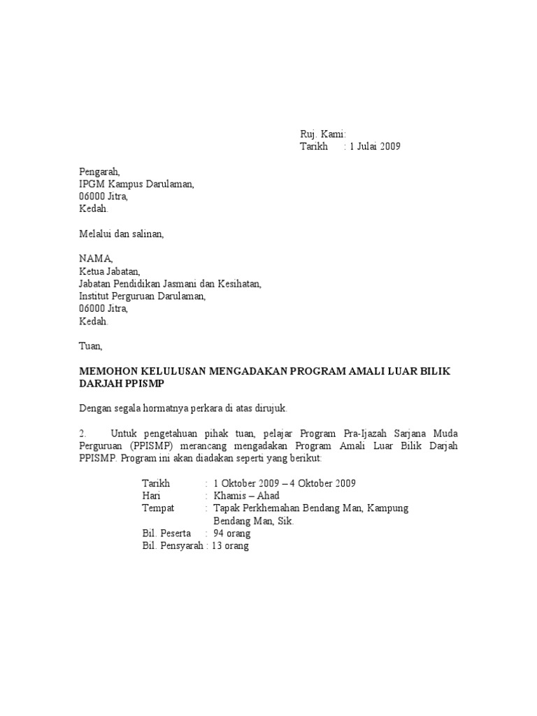 Contoh Surat Memohon Lesen Atau Permit Program