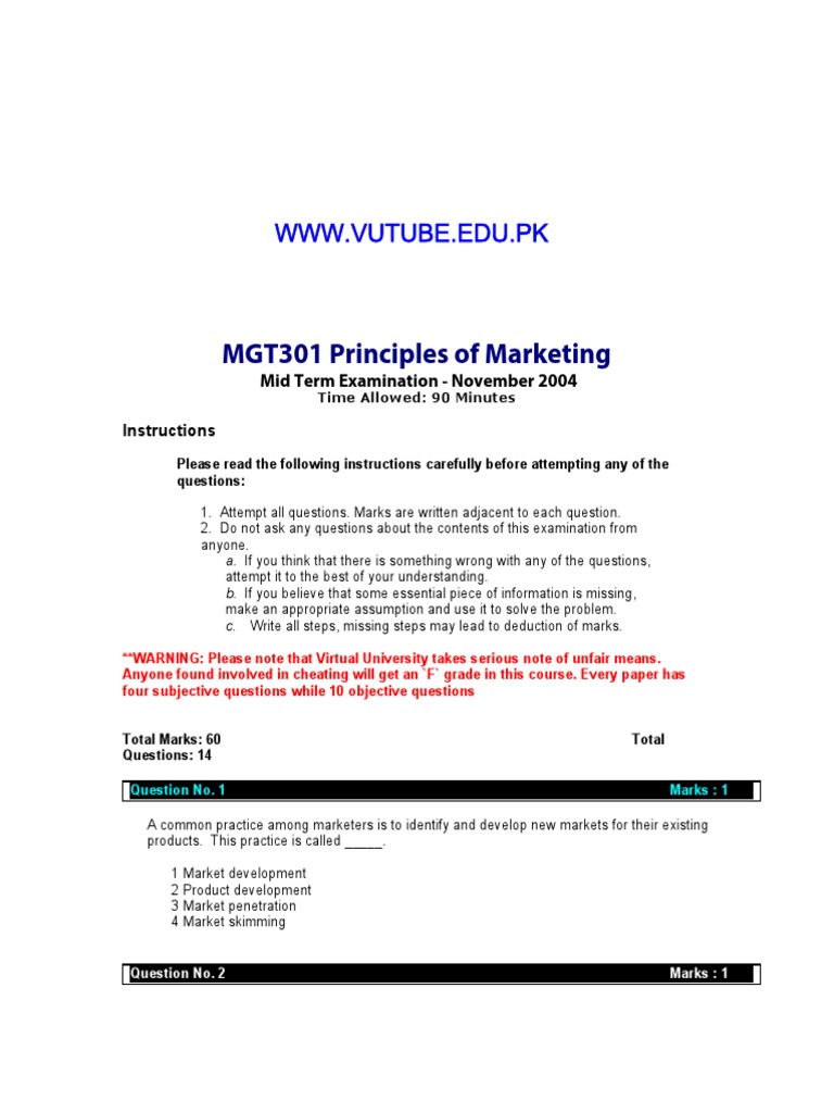 Marketing Exam for MGT301 Students | PDF | Marketing | Market (Economics)