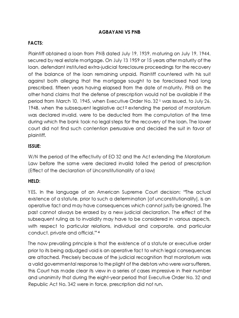 Agbayani Vs PNB Digest PDF Foreclosure Statute Of Limitations