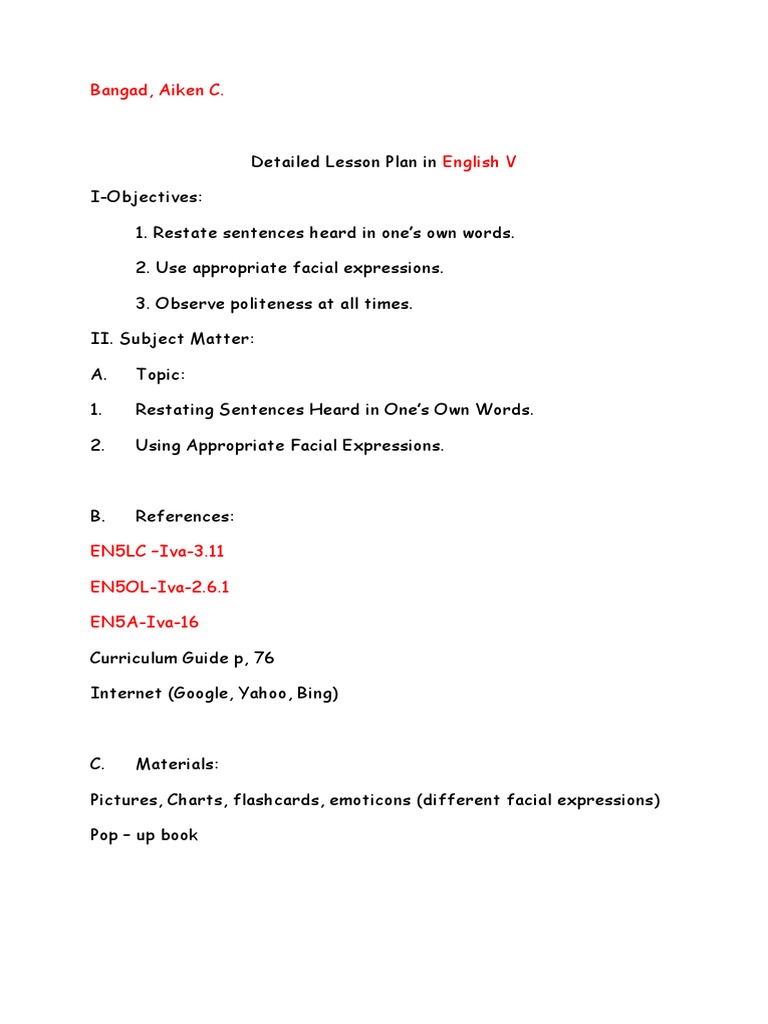 Lesson Plan: Restating Sentences & Emotions | PDF | Teachers