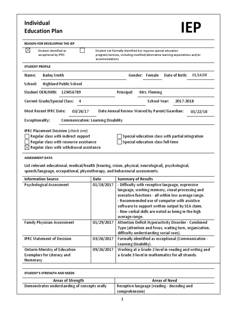 IEP for Bailey Smith: Learning Disability | PDF | Individualized ...