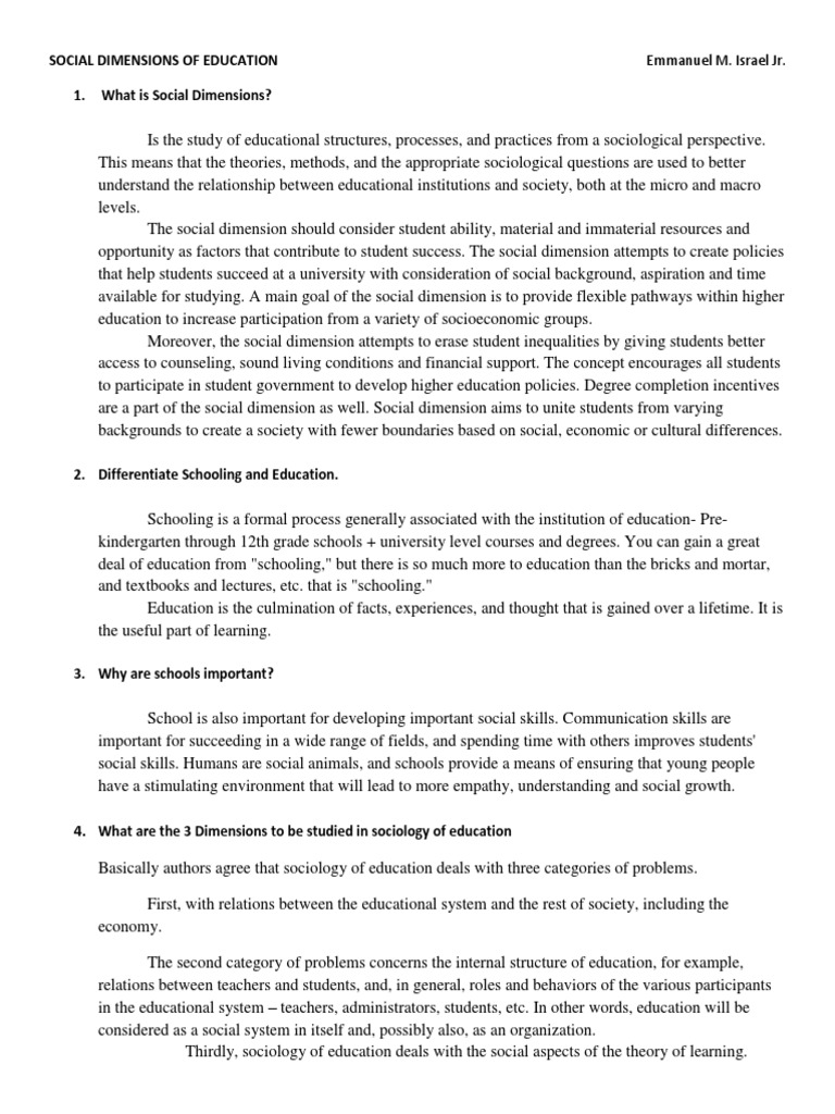 Social Dimensions of Education: 3 Key Areas of Study | PDF | System ...