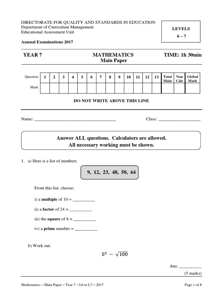 Year 7 Mathematics Exam Paper 2017 | PDF | Geometry | Elementary Geometry