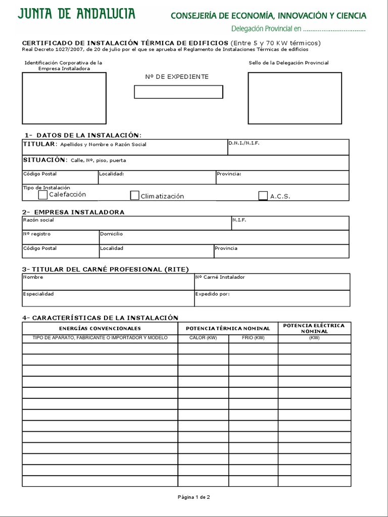 Certificado de Instalacion. RITE MEMORIA Conservación de energía Energía y recursos