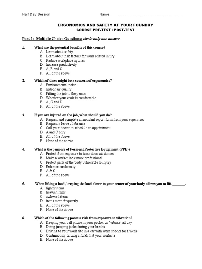 Ergonomics Test Questions Halfday PDF Human Factors And Ergonomics Labour Relations