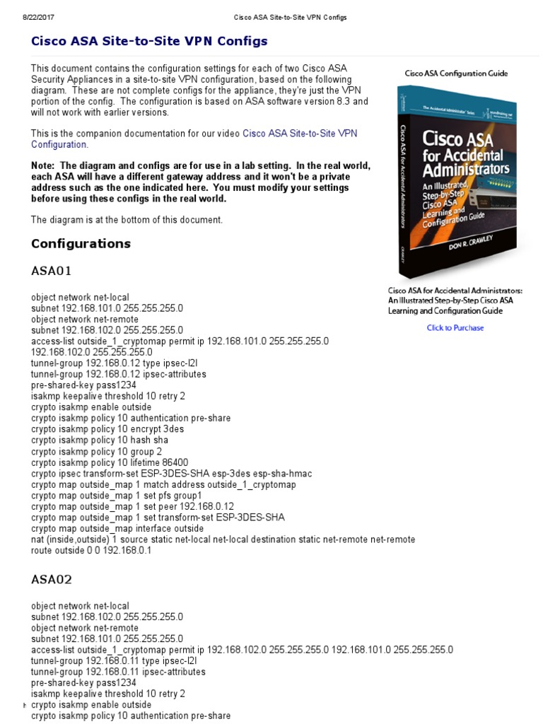 Cisco ASA Site-To-Site VPN Configs | PDF | Virtual Private Network | Ip ...