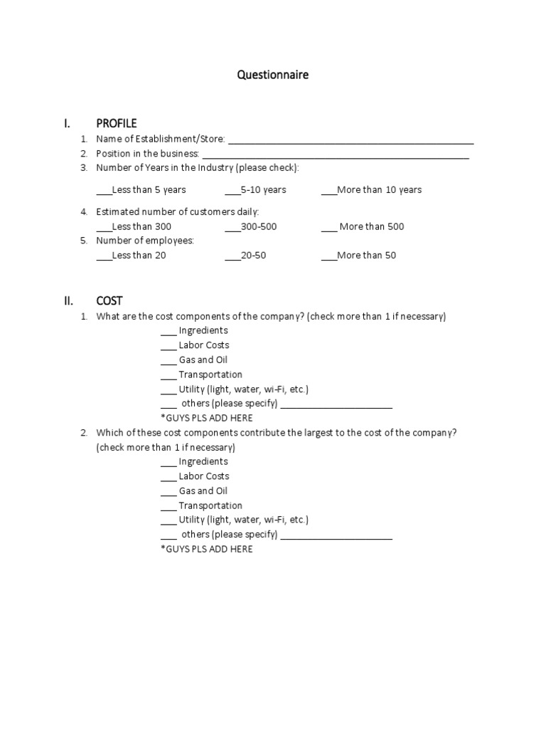 Business Profile and Cost Questionnaire | PDF | Business