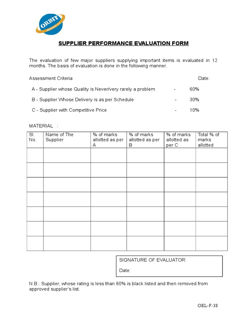 Supplier Performance Evaluation Form | PDF | Business | Economies