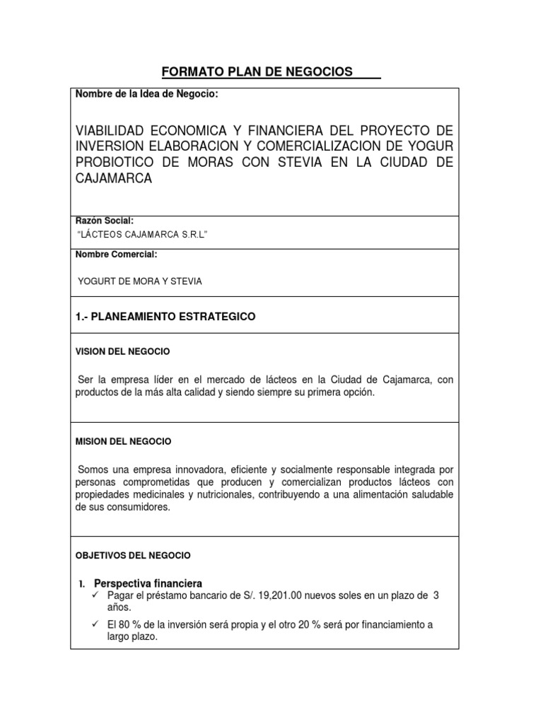 Formato de Plan de Negocios para Yogurt | PDF | Publicidad | Perú