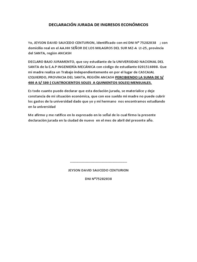 Declaración Jurada de Ingresos Económicos Jeyson | PDF
