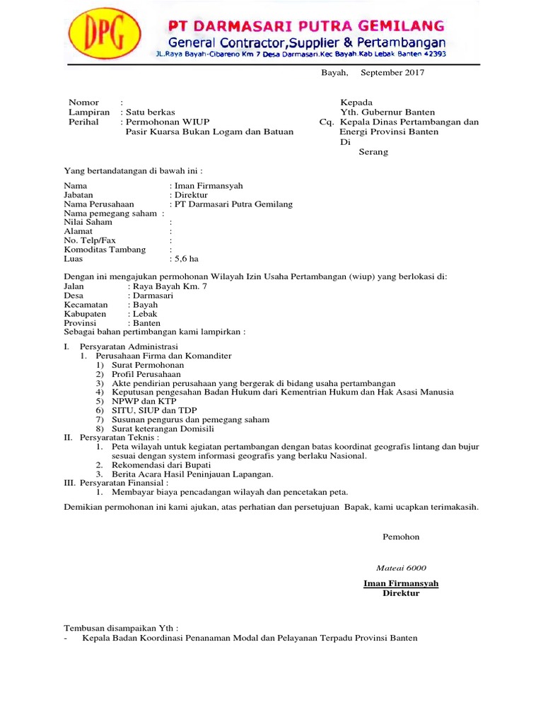 Permohonan WIUP Pertambangan Banten | PDF