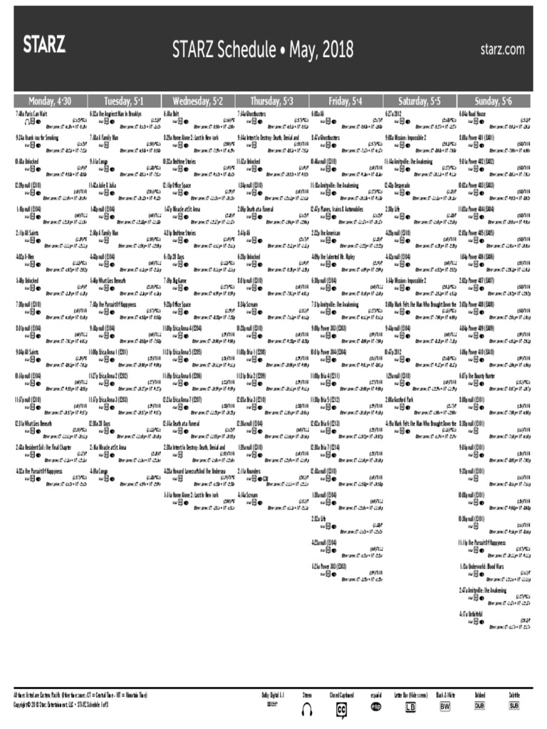STARZ Schedule 2018 05
