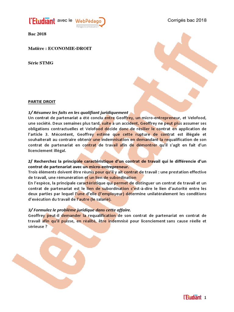 Sujet Eco Droit Stmg 2021 + Corrige