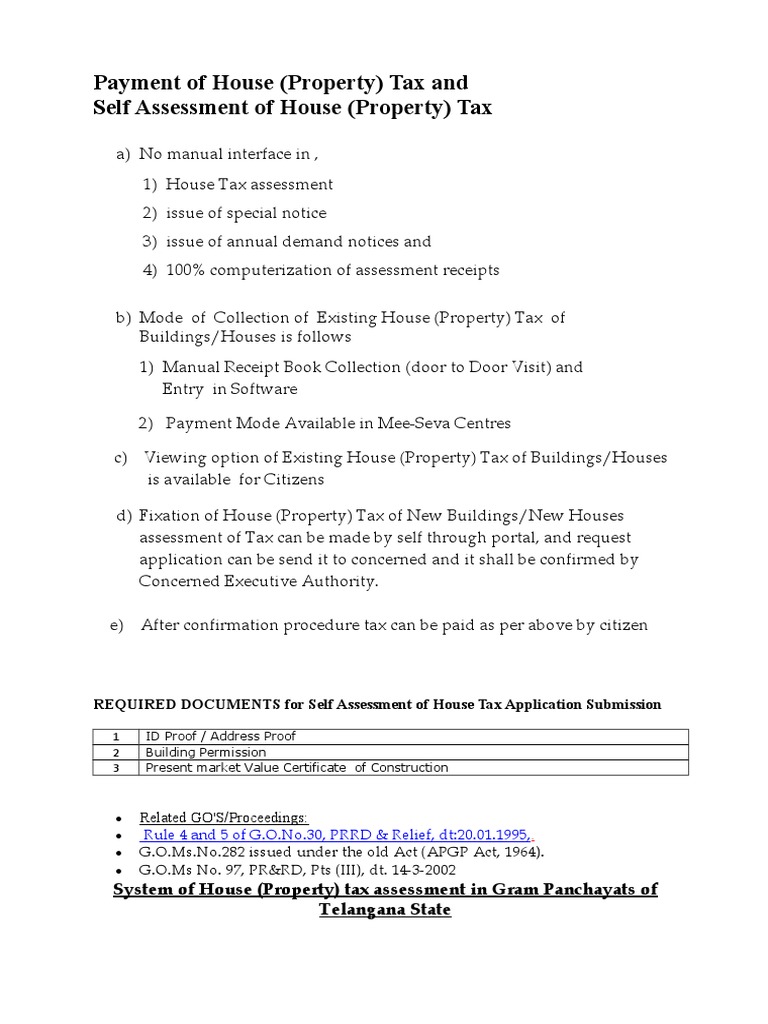 Procedures and Guidelines for the SelfAssessment and Payment of House
