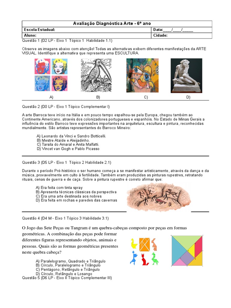 Avaliao - Arte - 6 - Ano 02 | PDF | Arte Rupestre | Barroco