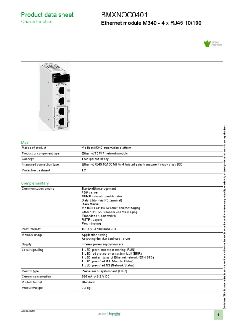 Product data sheet for the Modicon M340 Ethernet module M340 - 4 x RJ45 ...