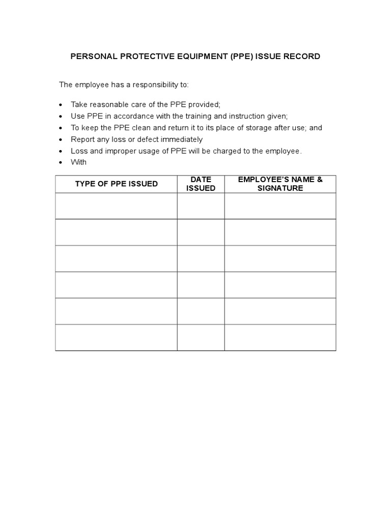 Personal Protective Equipment (Ppe) Issue Record | PDF