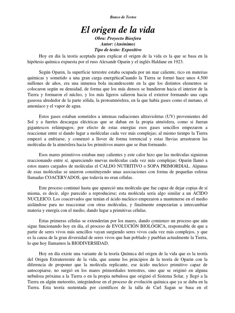 El Origen de La Vida | PDF | Organismos | Abiogénesis