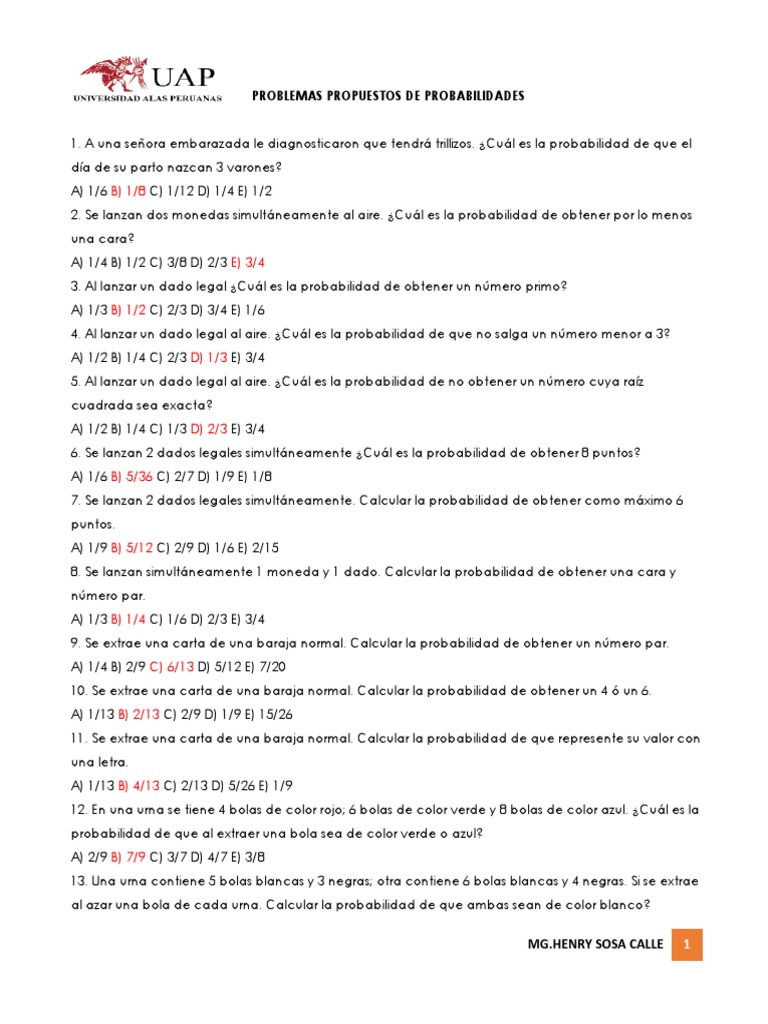 Problemas Propuestos de Probabilidades | PDF | Probabilidad | Ocio